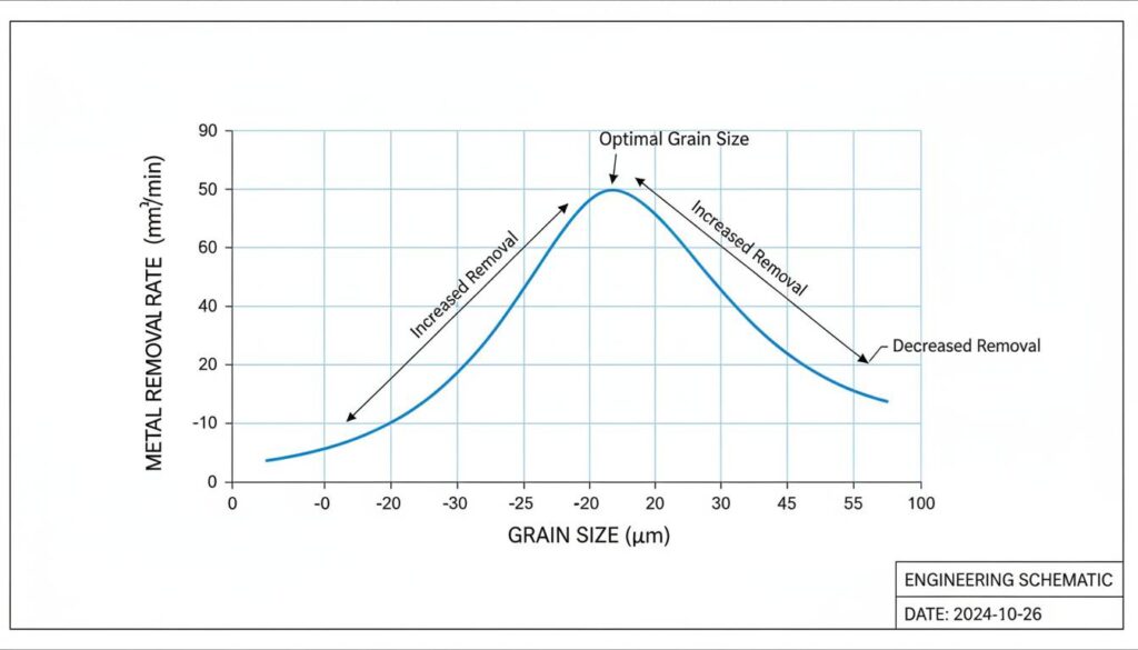 A line graph showing "Metal Removal Rate" on the Y-axis and "Grain Size" on the X-axis. The line goes up as grain size increases, reaches a peak, and then drops slightly.