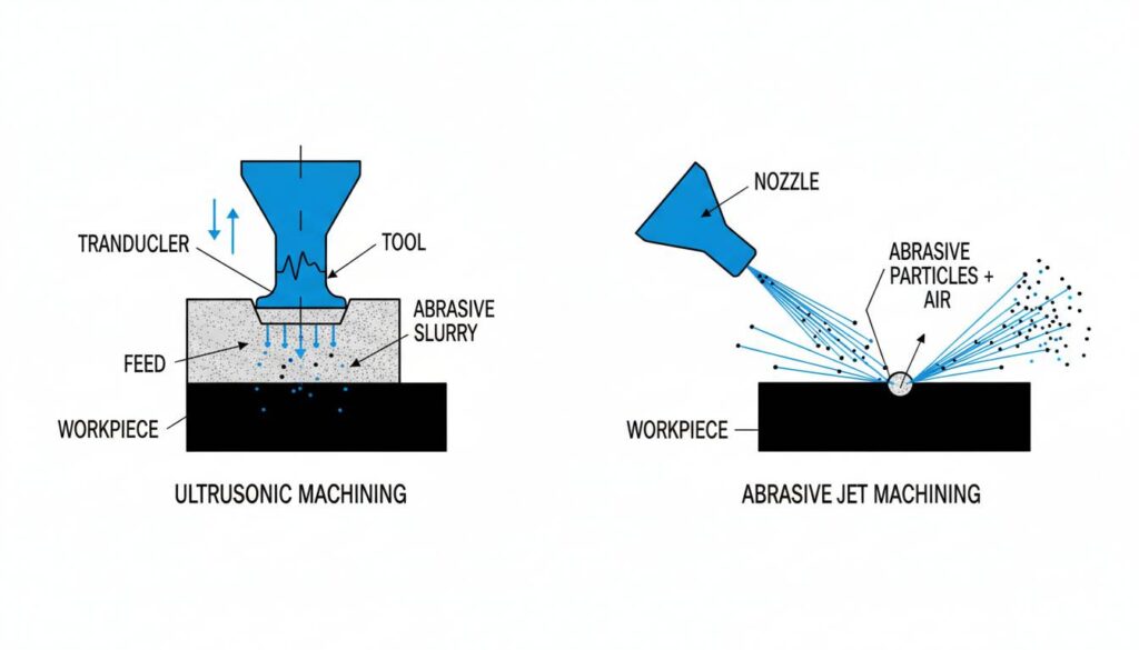 A split-screen illustration. Left side: Ultrasonic Machining showing a vibrating tool hammering slurry. Right side: Abrasive Jet Machining showing a nozzle spraying dry powder with air against a plate.