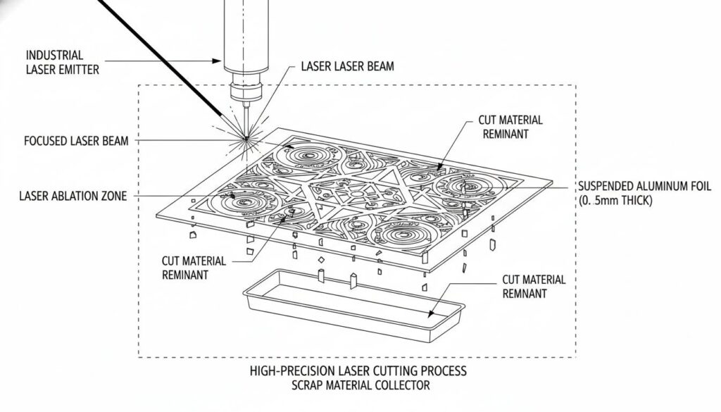 Illustration of a laser beam cutting a complex pattern into a piece of aluminum foil that is suspended in the air. The foil remains perfectly flat and unbent.