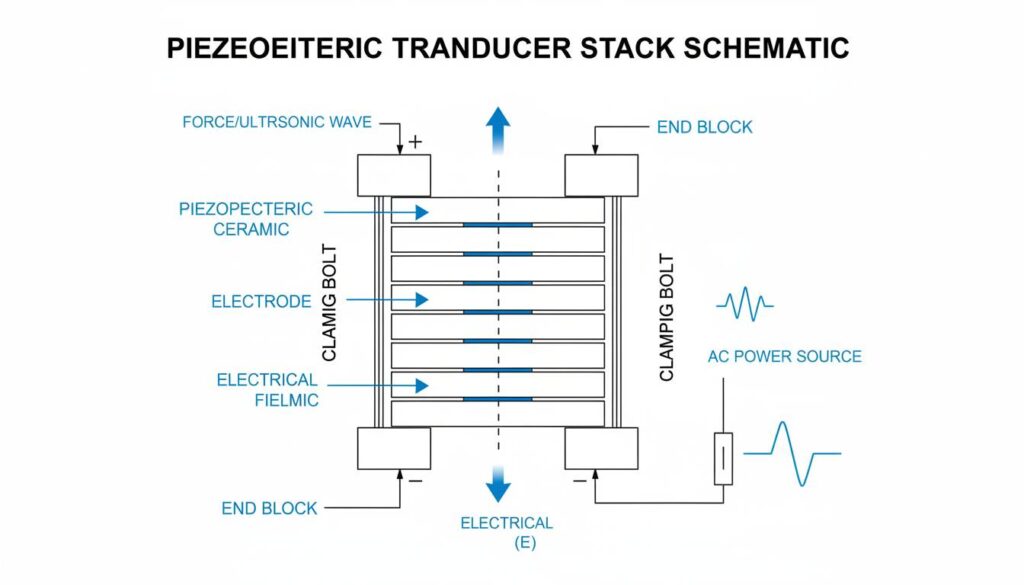 Schematic diagram of a piezoelectric transducer stack. Show layers of ceramic disks clamped together with electrodes in between, connected to a power source.
