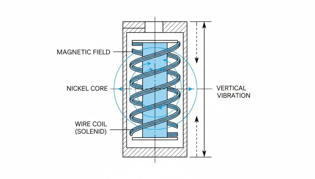 Cross-section diagram of a magnetostrictive transducer. Show a nickel core wrapped in a wire coil (solenoid) creating a magnetic field, indicating vertical vibration.