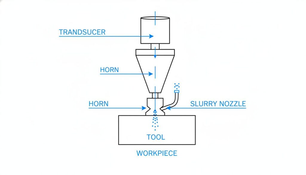 Technical diagram of the full Ultrasonic Machining setup. Label the Transducer, Horn, Tool, Slurry nozzle, and Workpiece.