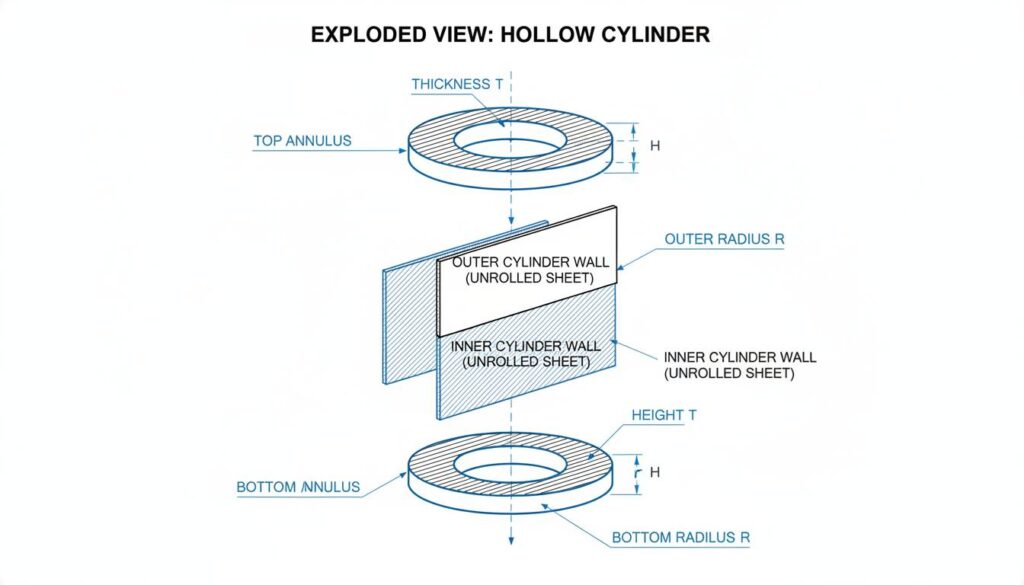 Solving the Mystery of the Metal Pipe: Hollow Cylinder Surface Area and Thickness An exploded view diagram of a hollow cylinder. The image separates the cylinder into three parts: the outer rectangular sheet, the inner rectangular sheet, and the two flat ring-shaped disks (annuli) at the top and bottom.