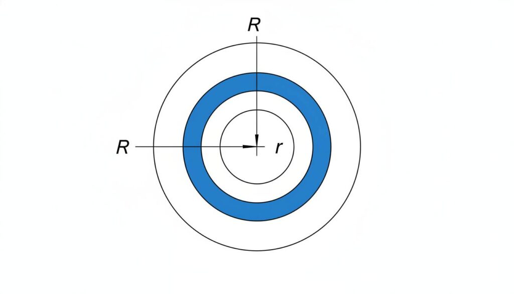 Solving the Mystery of the Metal Pipe: Hollow Cylinder Surface Area and Thickness A 2D technical drawing of a ring (annulus). The outer circle is labeled 'R' and the inner hole is labeled 'r'. The area between the two circles is shaded blue to represent the metal rim.