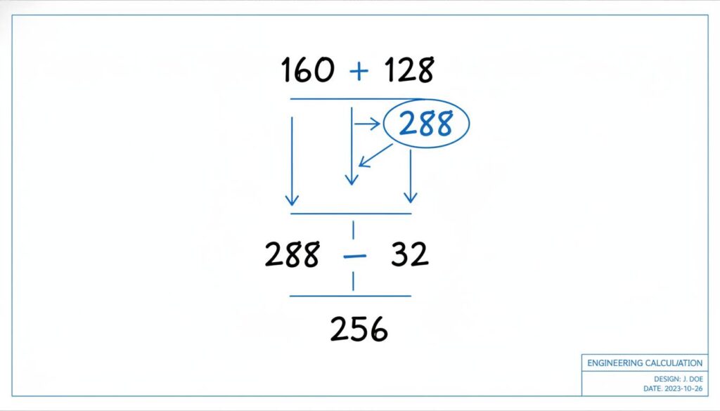 Solving the Mystery of the Metal Pipe: Hollow Cylinder Surface Area and Thickness A whiteboard style graphic showing the algebraic simplification steps. The numbers are written in clear, handwritten-style font. Arrows show 160 and 128 combining to make 288.