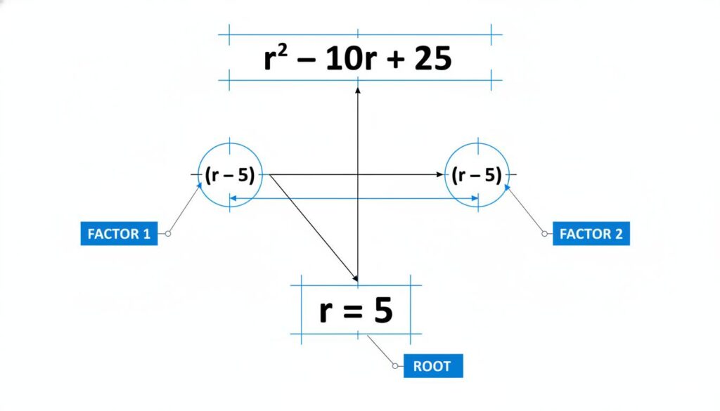Solving the Mystery of the Metal Pipe: Hollow Cylinder Surface Area and Thickness A simple math diagram showing the factorization of r^2 - 10r + 25. It shows two brackets (r-5) and (r-5) leading to the solution r=5.