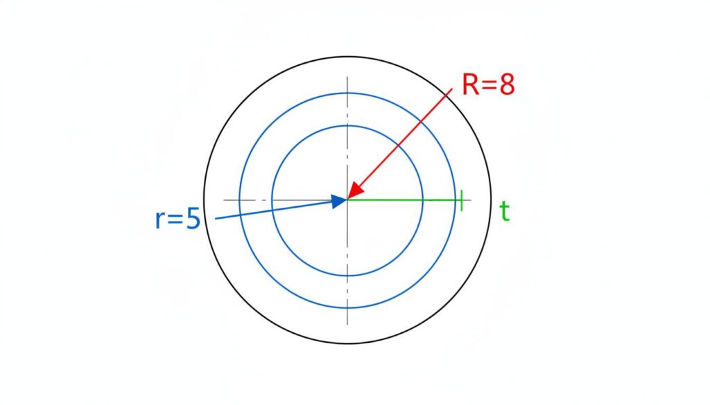 Solving the Mystery of the Metal Pipe: Hollow Cylinder Surface Area and Thickness A cross-section cut of the cylinder pipe. A red arrow points from the center to the outer edge labeled 'R=8'. A blue arrow points from the center to the inner edge labeled 'r=5'. A green bracket indicates the wall thickness labeled 't'.