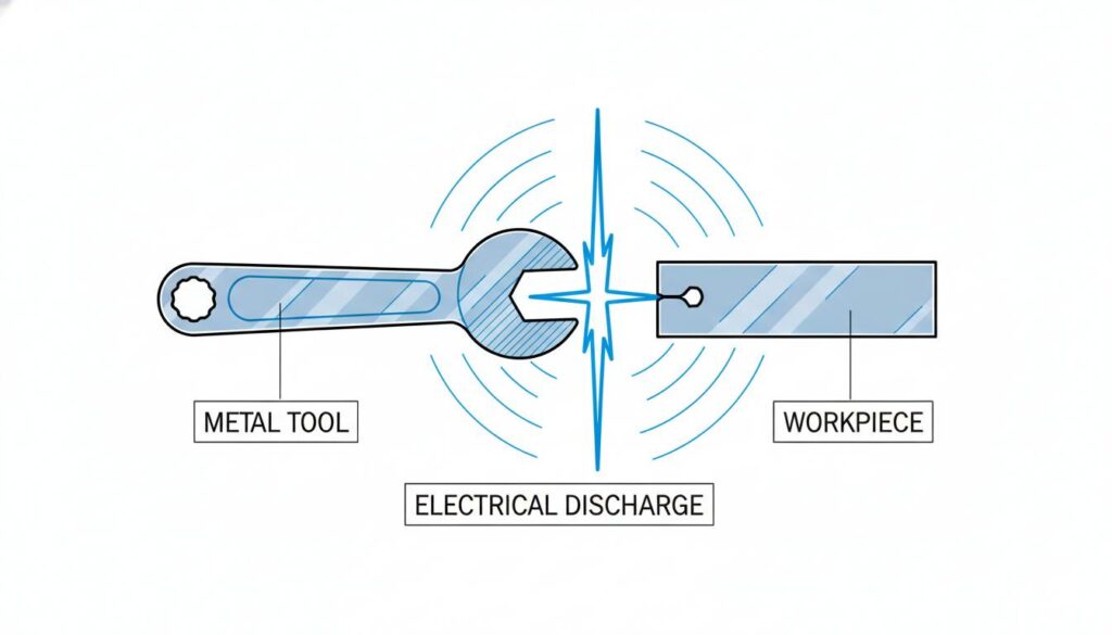 How Electrical Discharge Machining (EDM) Works A simple, colorful illustration showing a glowing blue electric spark jumping between a metal tool and a metal block. The background should be dark to highlight the spark.