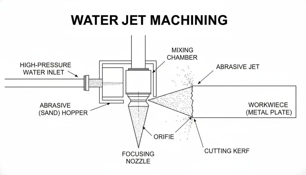 Conventional vs. Unconventional Machining: How We Cut Metal A diagram showing a nozzle shooting a high-speed stream of water mixed with sand (abrasive) cutting through a thick metal plate. Label 'Water Jet Machining'.