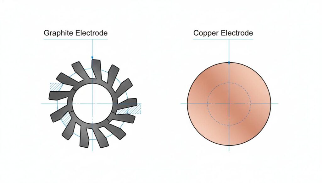 A side-by-side comparison photo. On the left, a block of black Graphite shaped like a gear. On the right, a shiny reddish Copper block shaped like a coin. Label them 'Graphite Electrode' and 'Copper Electrode'.