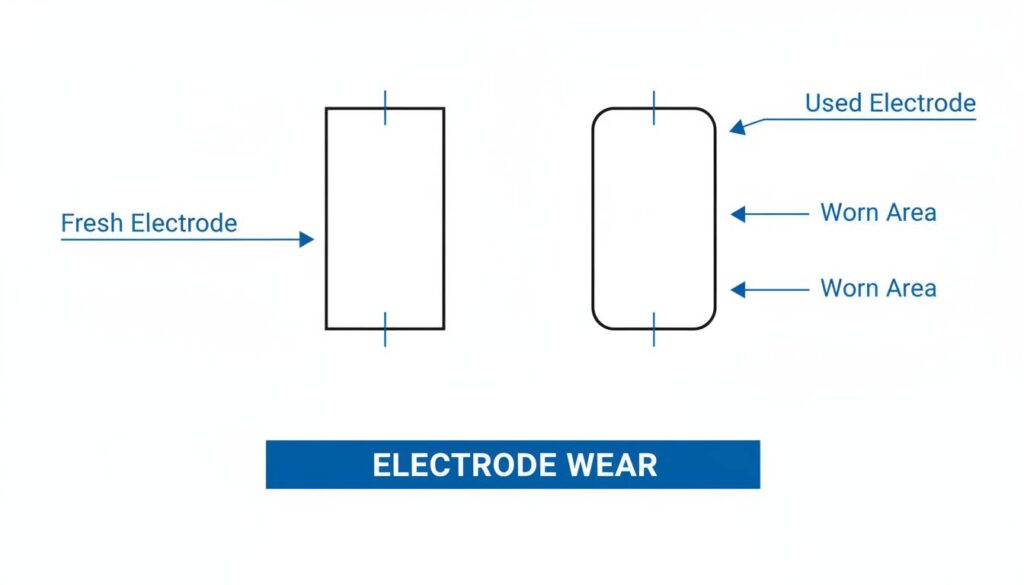 A diagram showing 'Electrode Wear'. Show a fresh electrode with sharp corners on the left, and a used electrode with rounded, worn-off corners on the right. Use arrows to point to the worn areas.