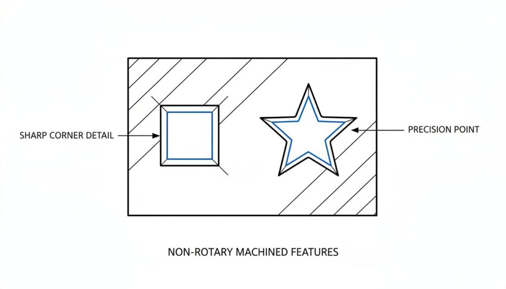 A close-up technical illustration of a metal block with a perfect square hole and a star-shaped hole cut into it. Show the sharp corners clearly to emphasize that a round drill couldn't do this.