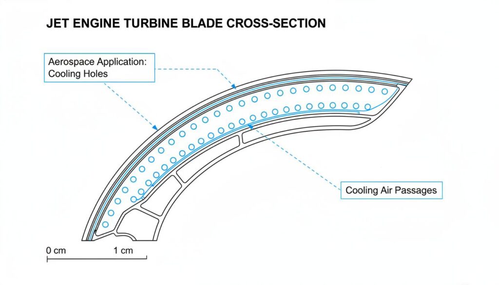 A cross-section view of a jet engine turbine blade. Highlight tiny cooling holes drilled into the curved surface. Label this 'Aerospace Application: Cooling Holes'.