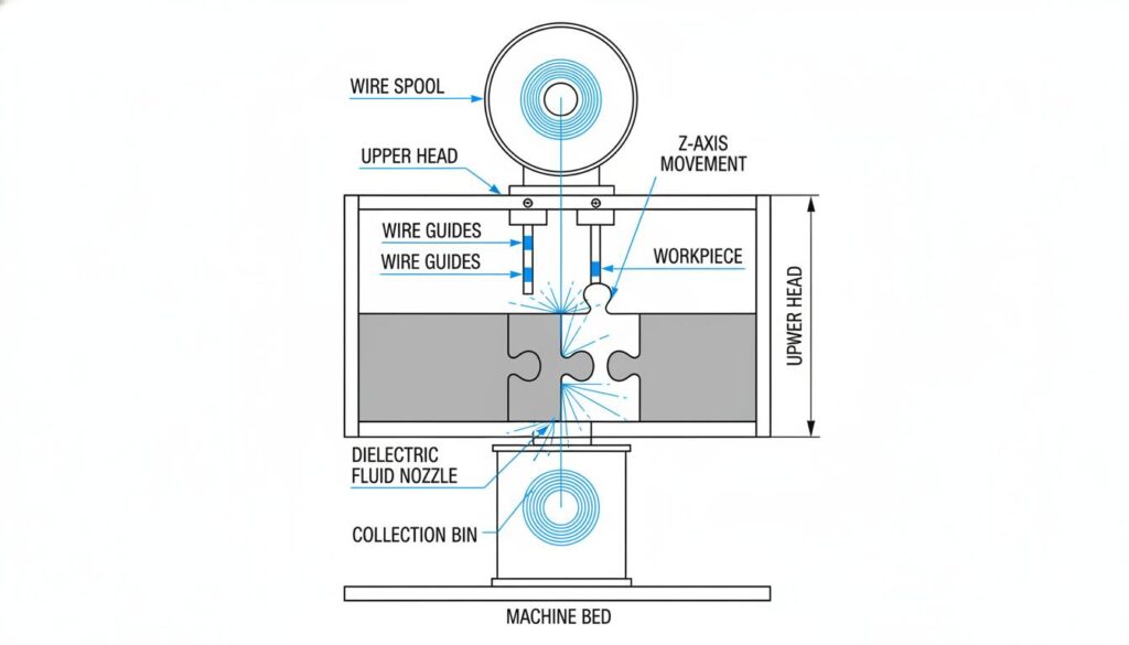 A schematic of a Wire EDM machine. Show a spool of wire feeding down through a workpiece and collecting at the bottom. The wire cuts a complex 2D profile (like a puzzle piece) out of a metal plate.
