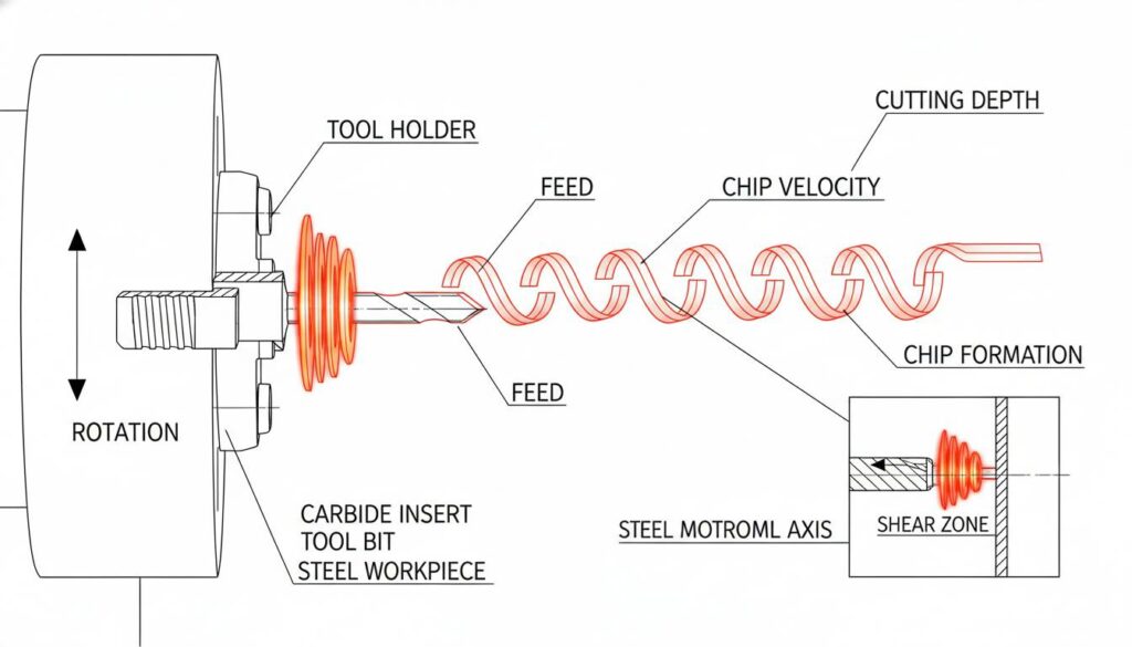 Conventional vs. Unconventional Machining: How We Cut Metal Close-up of a lathe machine tool bit cutting into a spinning steel rod. Show hot metal chips curling away from the cutting point.