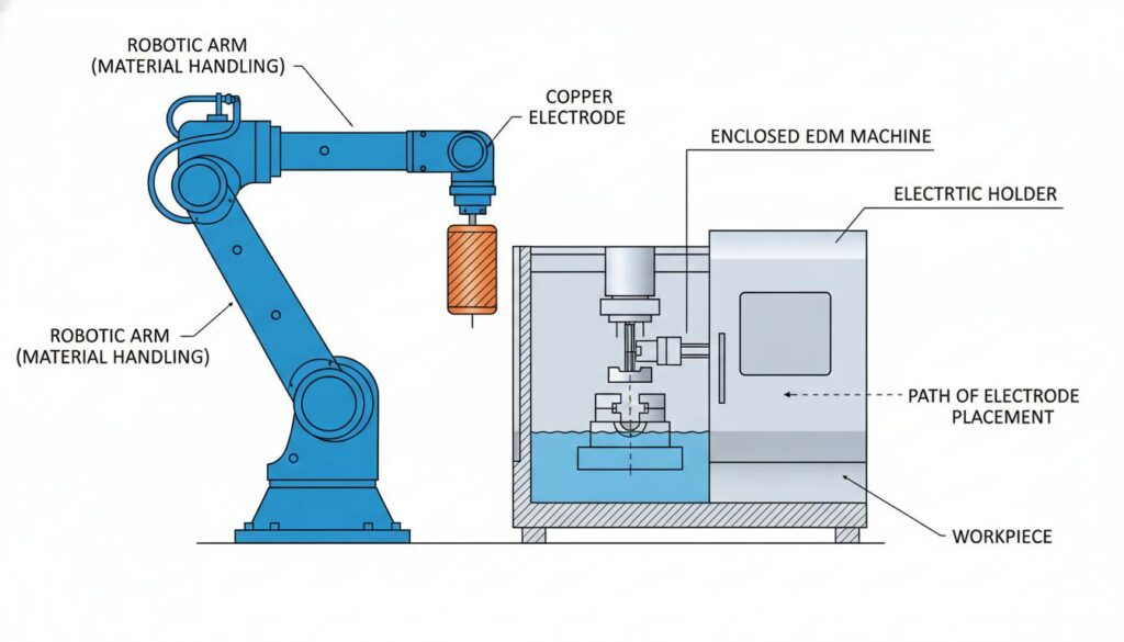 A modern factory floor scene. Show a robotic arm placing a copper electrode into an EDM machine holder. The machine looks sleek and enclosed.