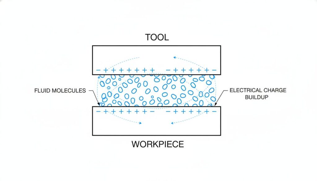 Close-up diagram of the gap between the tool and workpiece. Show the fluid molecules acting as a barrier. Show a buildup of electrical charge (plus signs on top, minus signs on bottom) waiting to burst through the fluid.