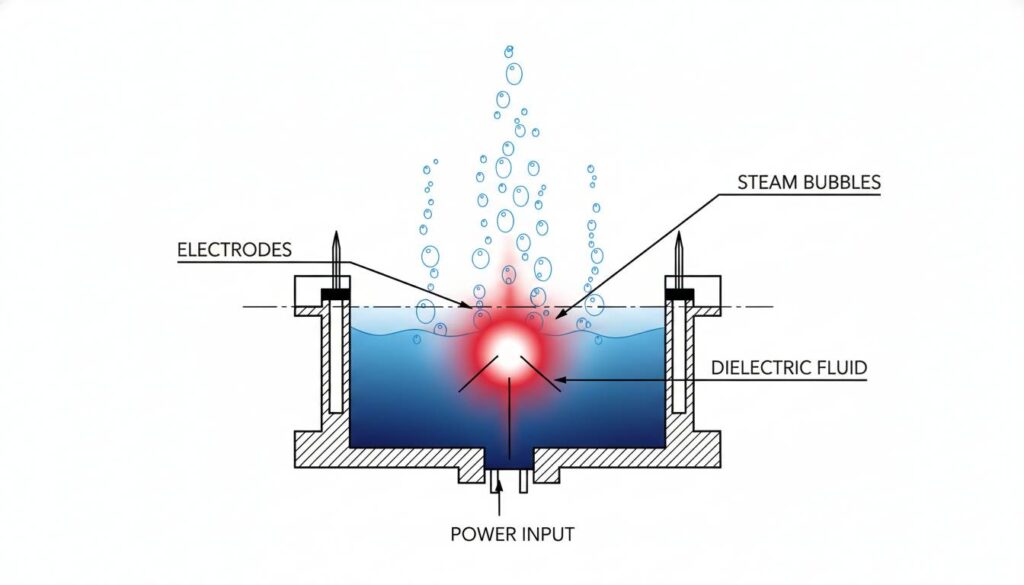 A thermal vision style illustration. Show the spark as a bright red/white hot center. Show the surrounding blue fluid absorbing the heat, with steam bubbles rising away from the spark zone.