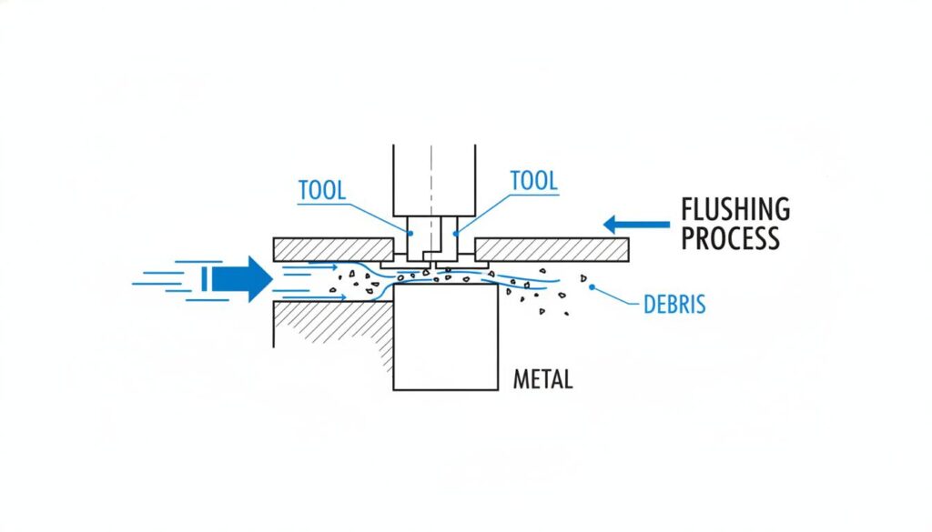A cross-section view showing the "Flushing" process. Arrows show the fluid flowing rapidly through the gap between the tool and the metal. The fluid is carrying away small black specks (debris) out of the cutting zone.