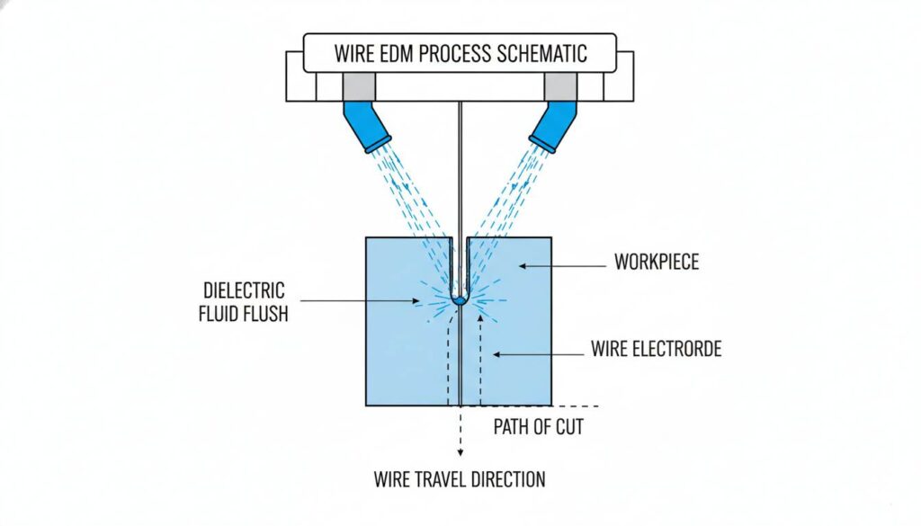 A schematic of a Wire EDM machine. Show a thin vertical wire cutting through a metal plate. Show clear water nozzles spraying high-pressure water directly at the wire.
