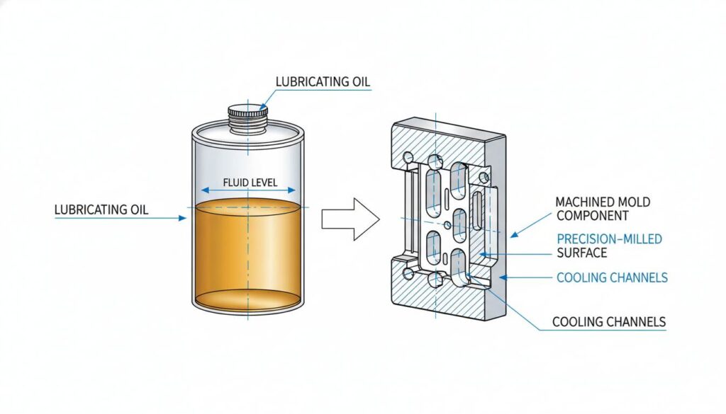 A photo-realistic illustration of a clear container filled with amber-colored oil. Next to it, a metal mold component that was machined using this oil.