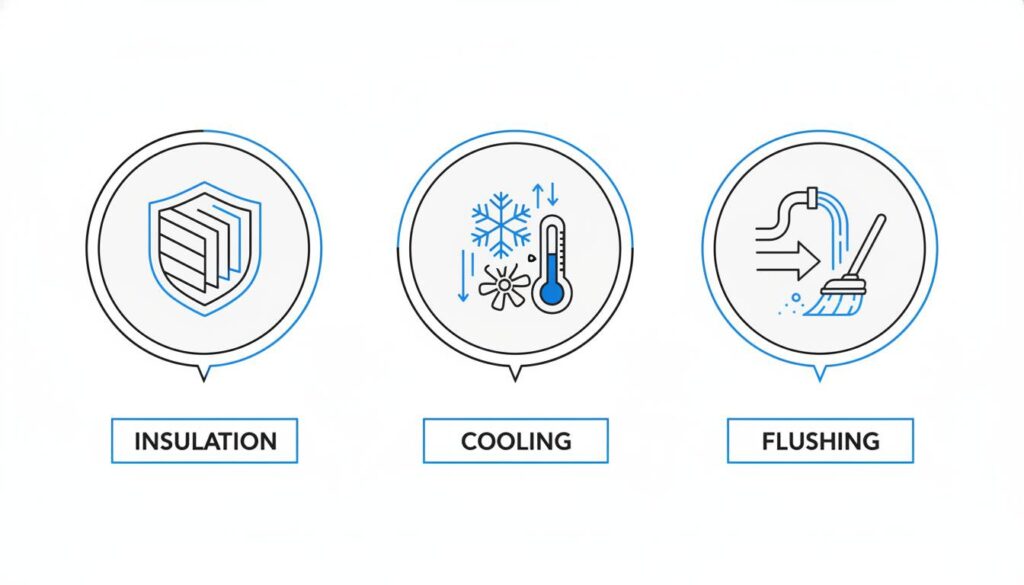 An infographic chart with three icons. Icon 1: A shield (Insulation). Icon 2: A snowflake or thermometer (Cooling). Icon 3: A broom or water hose (Flushing). Label each icon clearly.