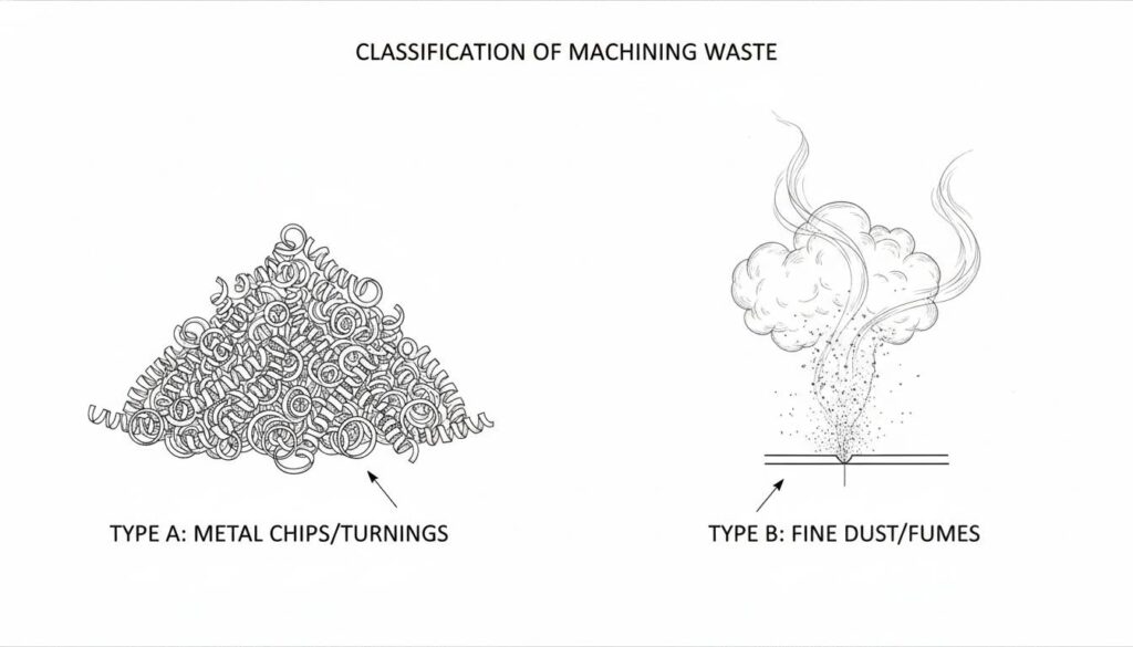 Conventional vs. Unconventional Machining: How We Cut Metal Illustration of waste types. Left: Pile of curly metal shavings. Right: Fine dust particles and smoke rising from a cut.