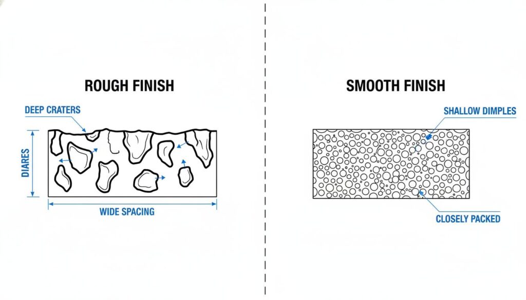 A split diagram. Left side labeled 'Rough Finish' showing deep, wide craters. Right side labeled 'Smooth Finish' showing very small, shallow dimples close together.