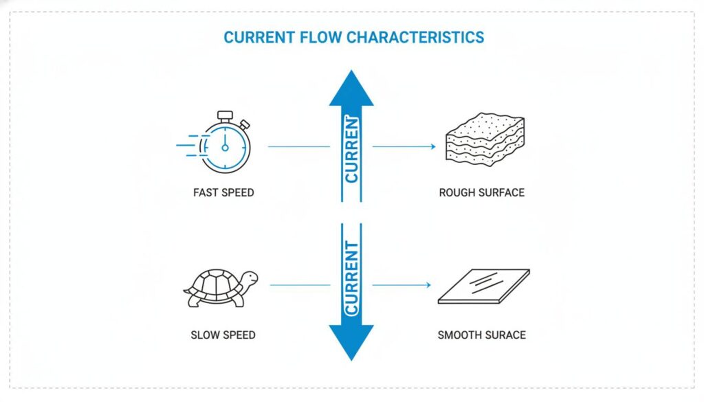A technical illustration showing the gap between the tool and workpiece. Draw arrows representing 'Dielectric Fluid' flowing rapidly through the gap, carrying away small black dots (debris/chips).