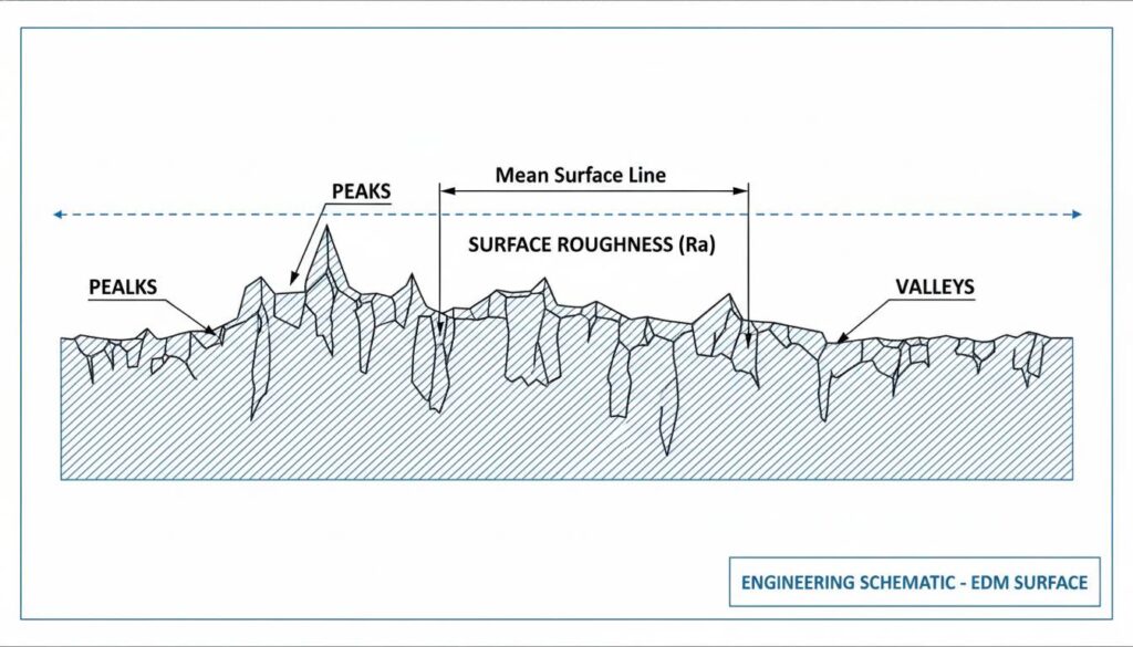 A cross-section close-up illustration of a metal surface after EDM. Show a jagged, cratered surface texture. Label the peaks and valleys to represent 'Surface Roughness'.