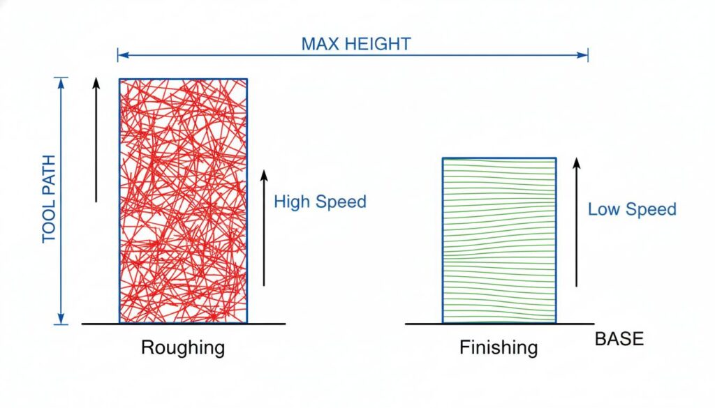A bar chart comparison. Bar 1 labeled 'Roughing' is tall (High Speed) but colored red (Rough). Bar 2 labeled 'Finishing' is short (Low Speed) but colored green (Smooth).