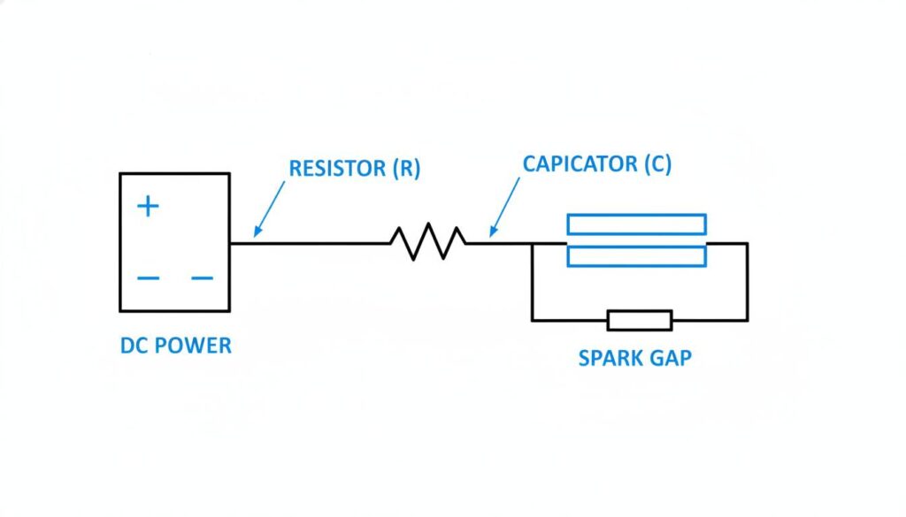 A schematic diagram of an RC Circuit for EDM. Show a DC power source on the left, a zigzag line labeled 'Resistor (R)', and two parallel plates labeled 'Capacitor (C)'. The capacitor is connected to the spark gap.