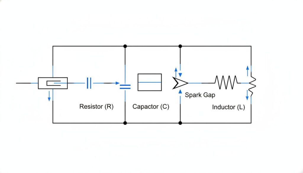 A schematic diagram of an R-C-L Circuit. It looks like the RC circuit, but a coiled wire symbol labeled 'Inductor (L)' is added in series with the spark gap.