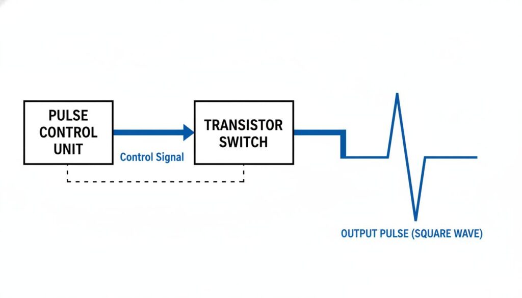 A block diagram of a Transistor Pulse Generator. Show a box labeled 'Pulse Control Unit' sending signals to a 'Transistor Switch'. The output is a perfect square wave shape.
