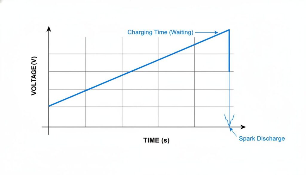 A graph showing a 'Sawtooth Wave'. The line goes up slowly (charging) and drops straight down (spark). Label the slow upward slope as 'Charging Time (Waiting)'.