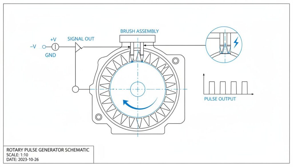 A technical drawing of a Rotary Pulse Generator. Show a circular rotor with teeth or contact points spinning. As the teeth touch a stationary brush, a circuit is completed.